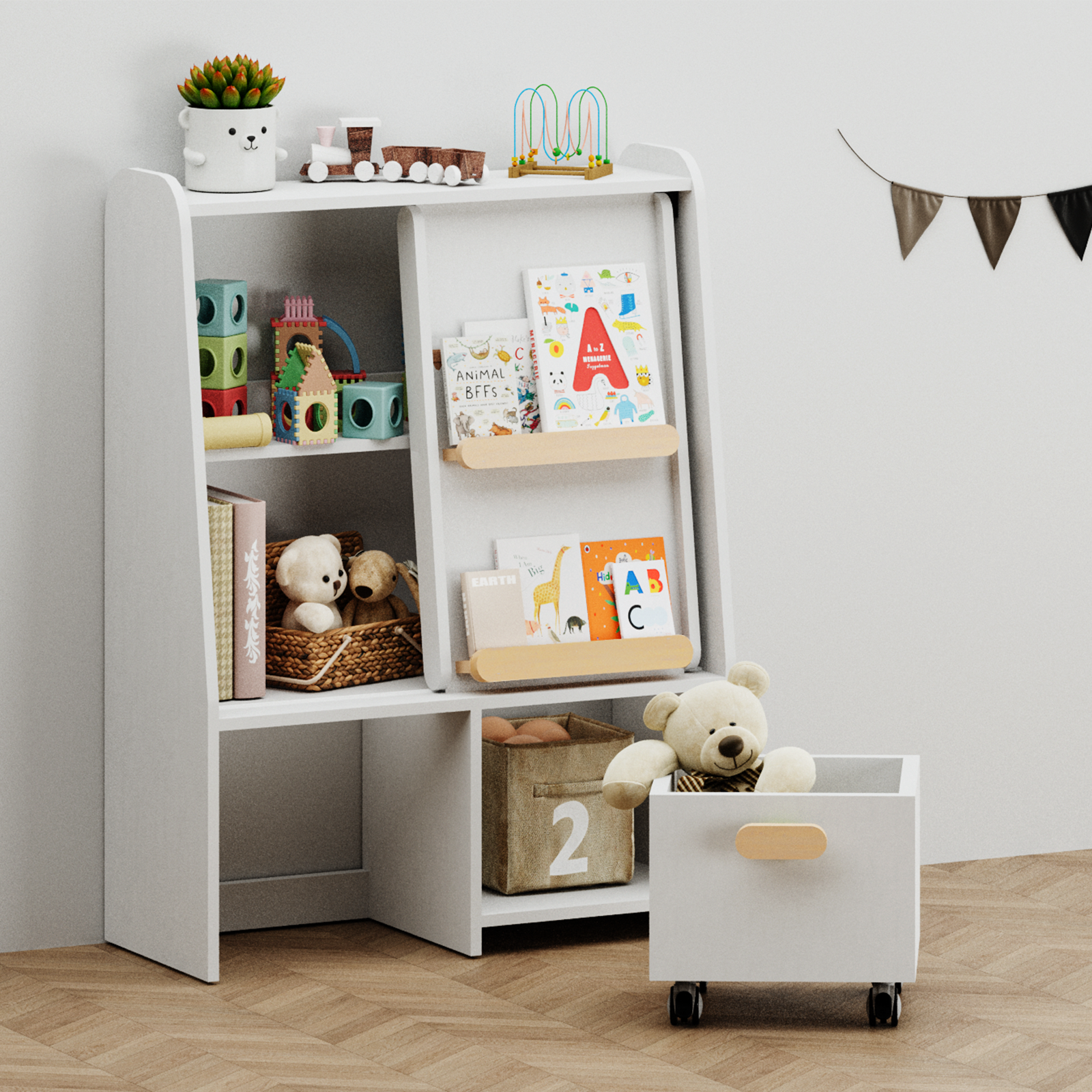 Bookcase With Movable Drawer and Sliding Door