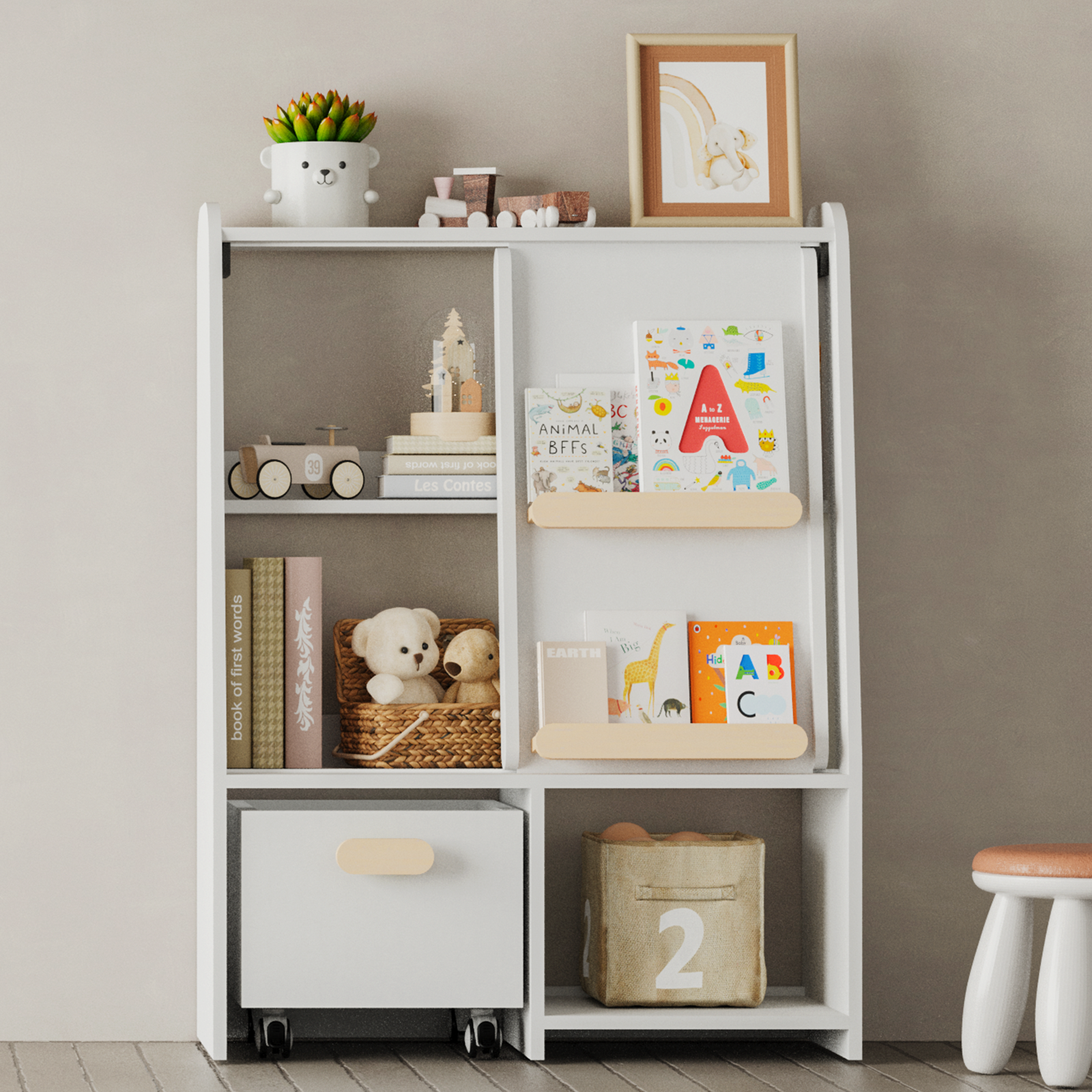 Bookcase With Movable Drawer and Sliding Door