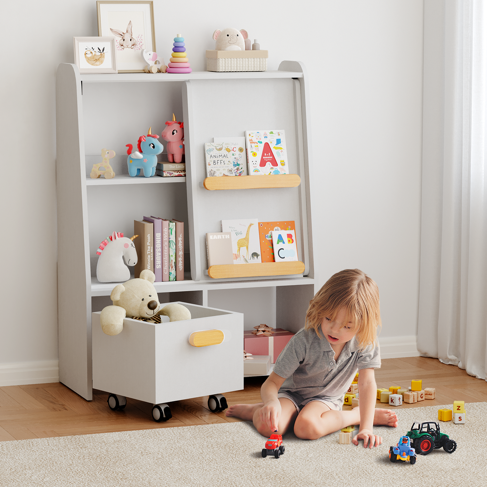 Bookcase With Movable Drawer and Sliding Door