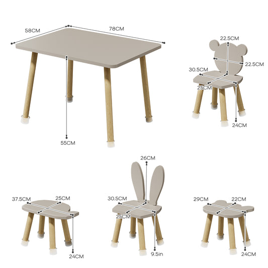 Toddler Wood Kids Play Table with 4 Animals Shape Chairs Gray