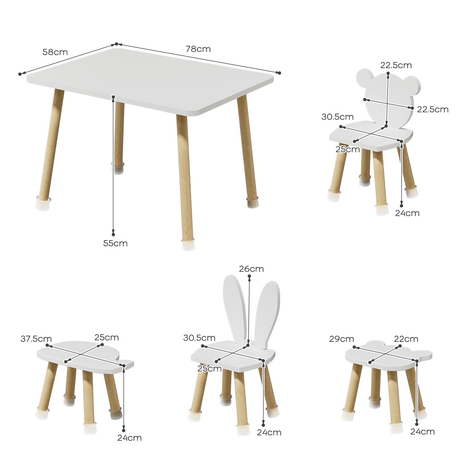 Toddler Wood Kids Play Table with 4 Animals Shape Chairs