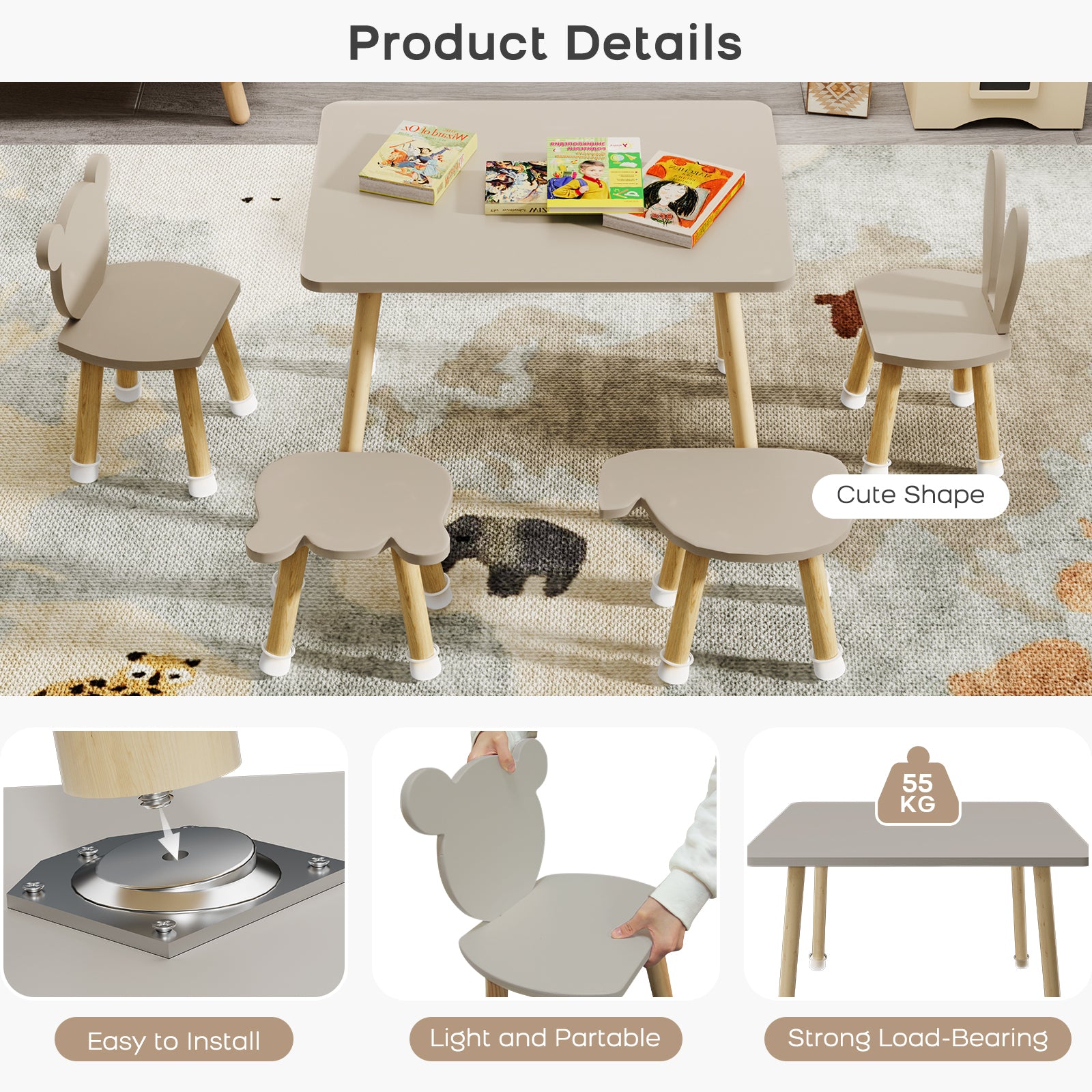 Toddler Wood Kids Play Table with 4 Animals Shape Chairs