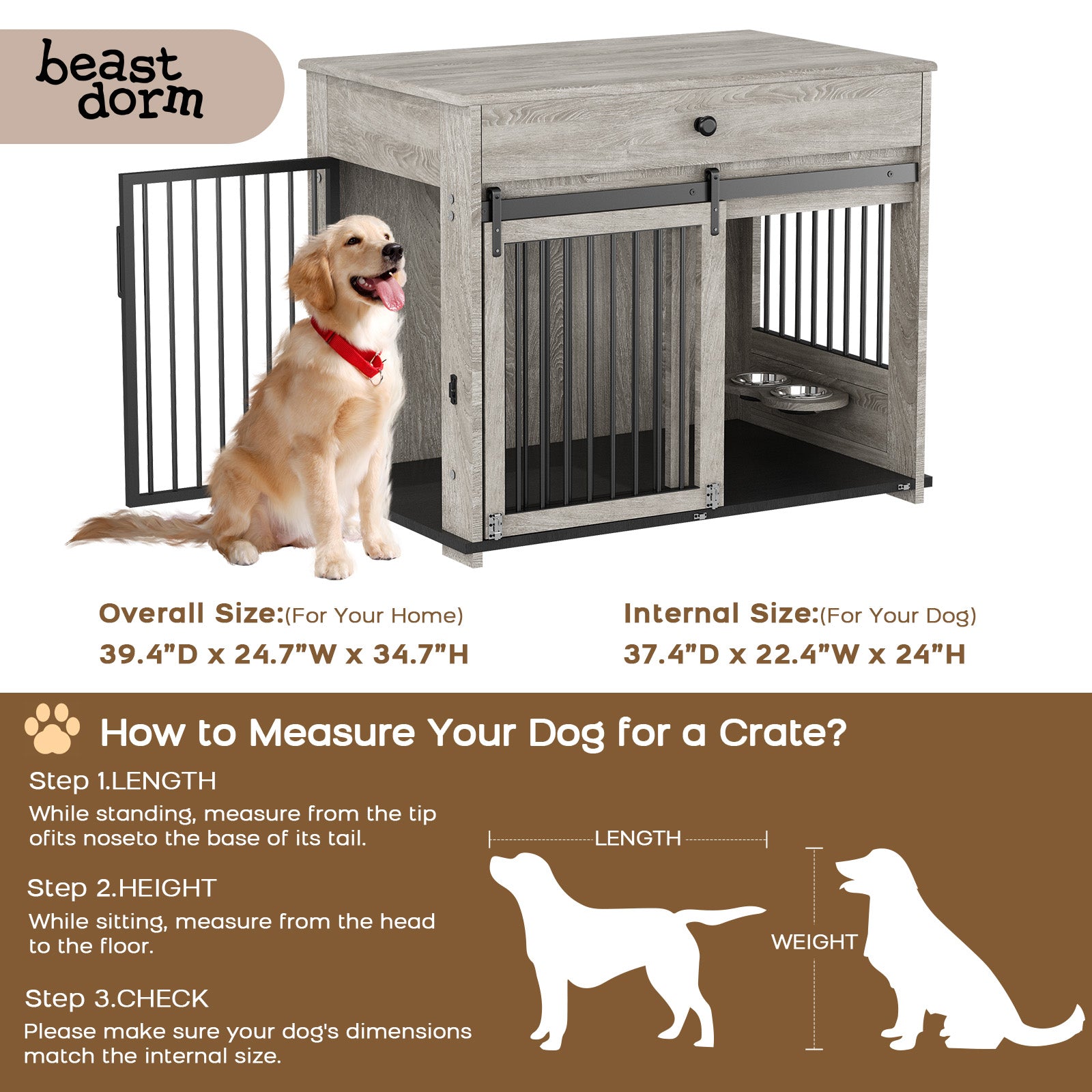 Cage pour chien à porte coulissante en métal Beastdorm Gris