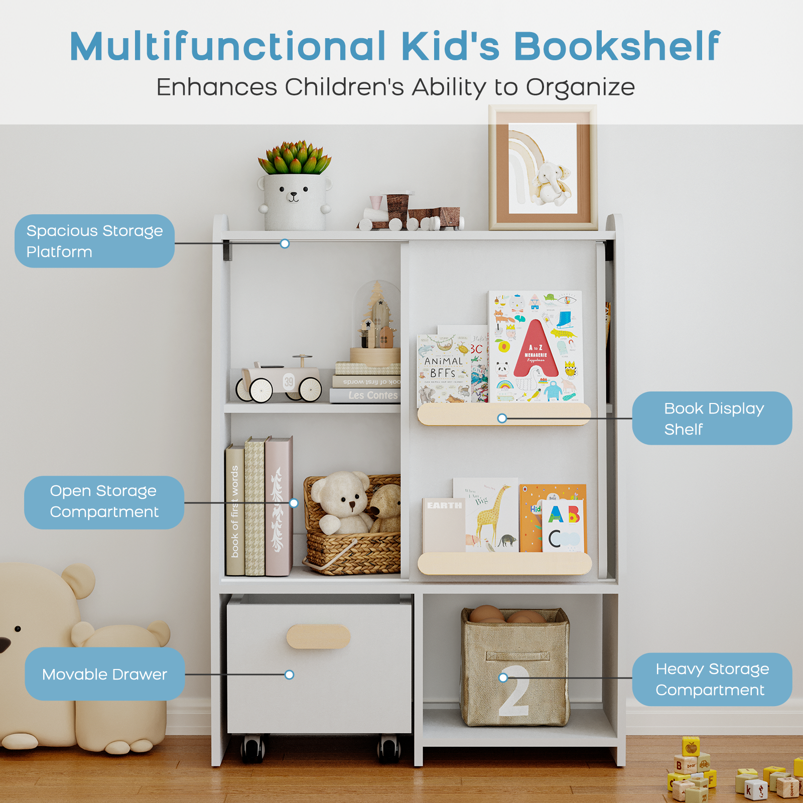 Bookcase With Movable Drawer and Sliding Door