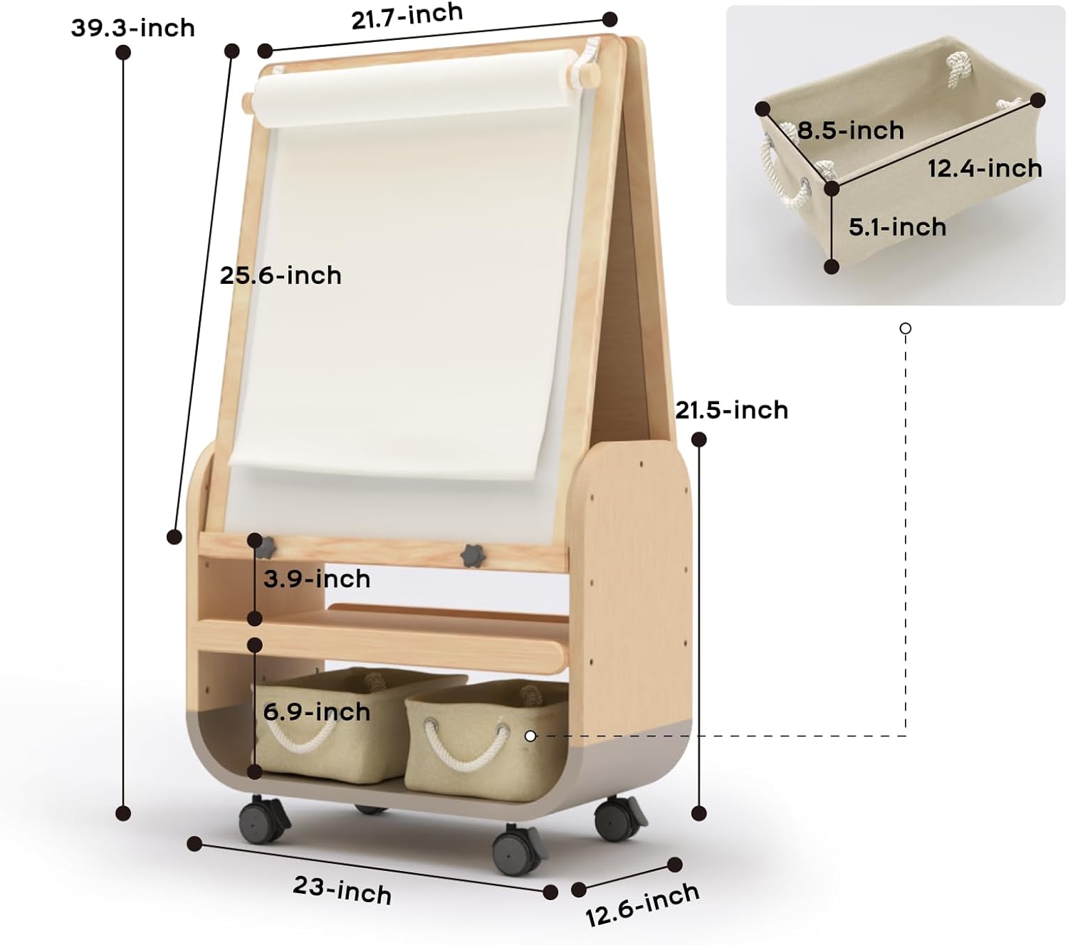 Chevalet d'art 3 en 1 pour enfants avec roulettes