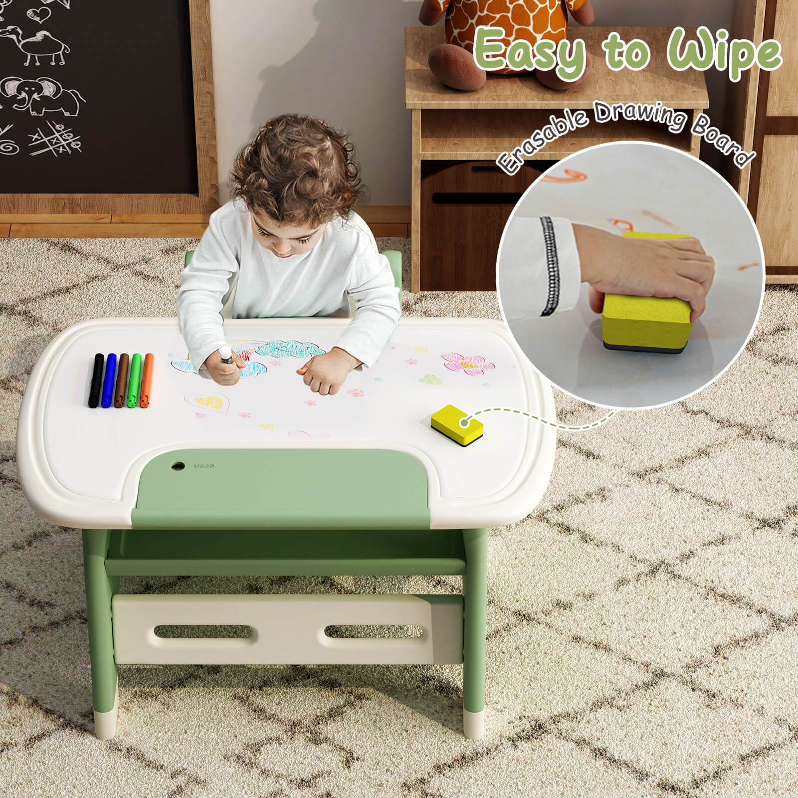 Kid's Drawing Table and Chair Set Green