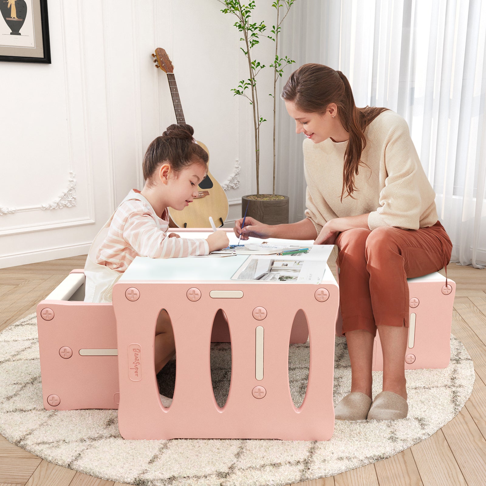 Kids Table and 2 Chairs Set Pink